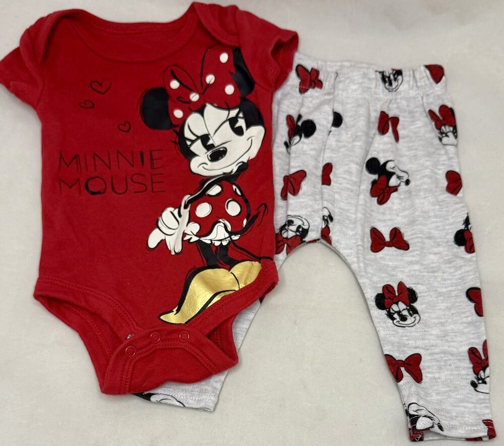 Disney Baby Minnie Mouse 2-Piece Outfit Set 3/6 Months Girls’ Red Gray Pants Set